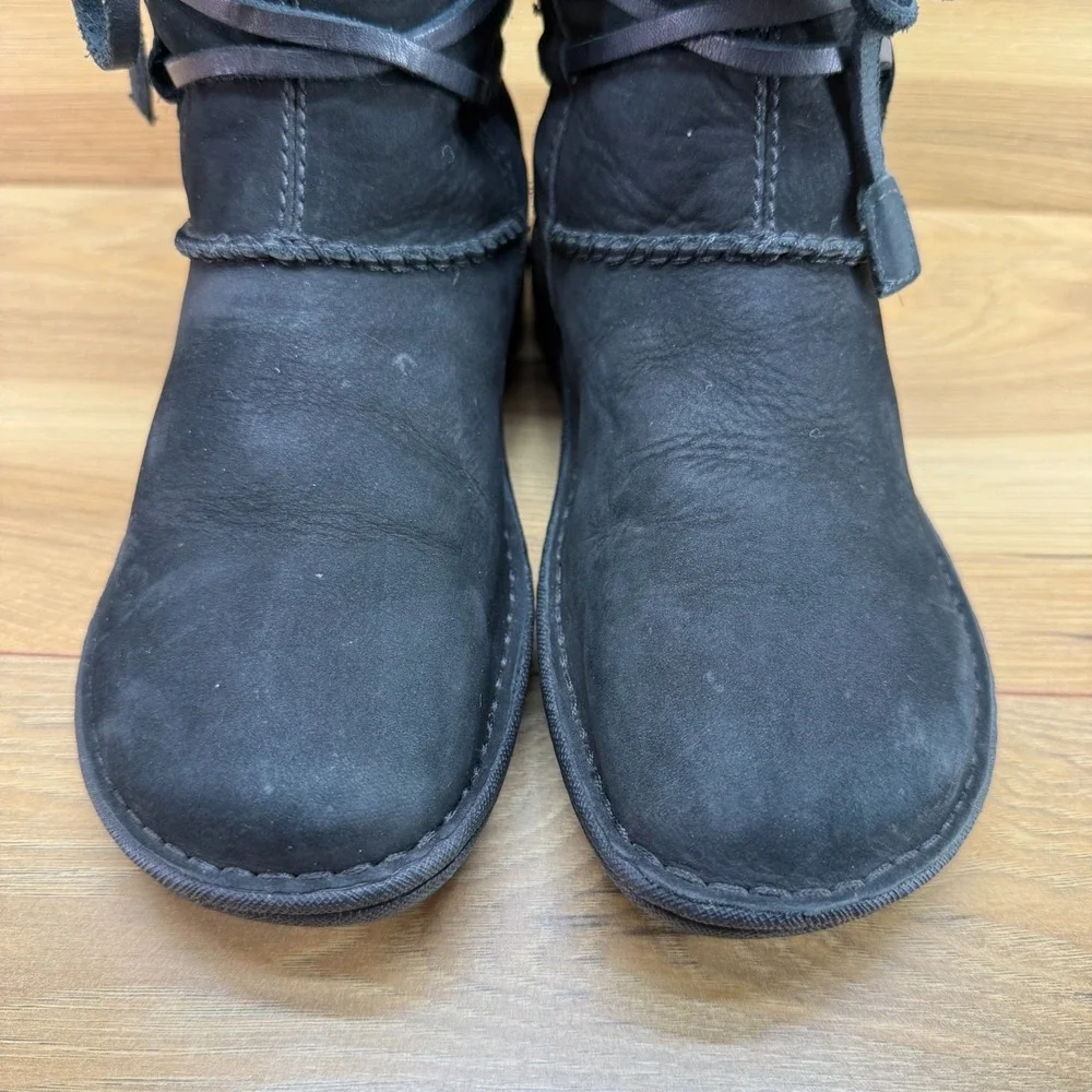 UGG Catalina Tie Lace Mid Calf Boot Womens 5 Black Leather Sherpa Shearling 1664